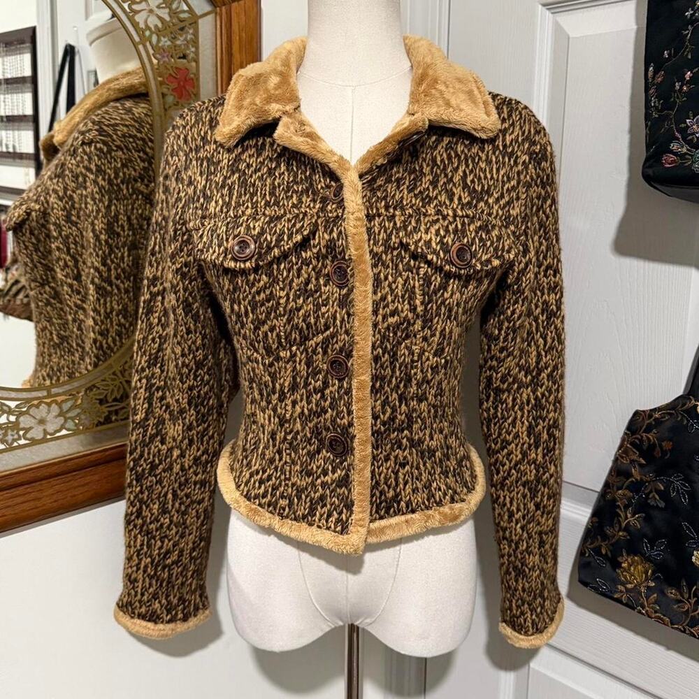 Baxis & Baxis Dark Brown & Golden Yellow Knit Soft Faux Fur Lined Cropped Jacket